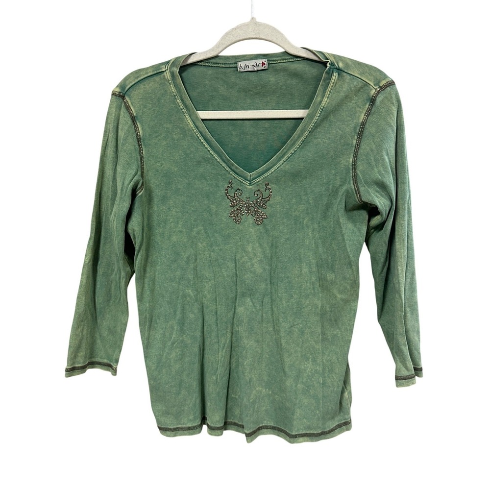 b. friends Women Green Mineral Wash Rhinestone Butterfly V-Neck 3/4 Sleeve Top L
